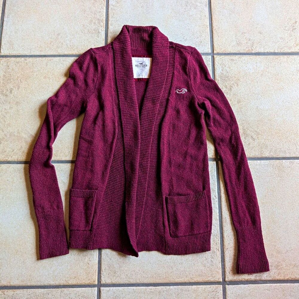Hollister Y2K Small Burgundy Knit Shawl Collar Cardigan Sweater Pockets